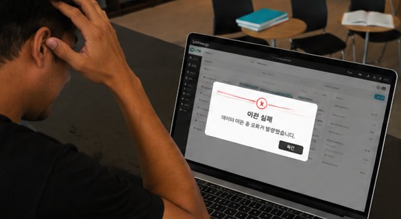 노트북 화면에 데이터 이관이 실패했다는 안내가 떠 있고, 앞에 앉은 사람이 머리를 짚고 있다.